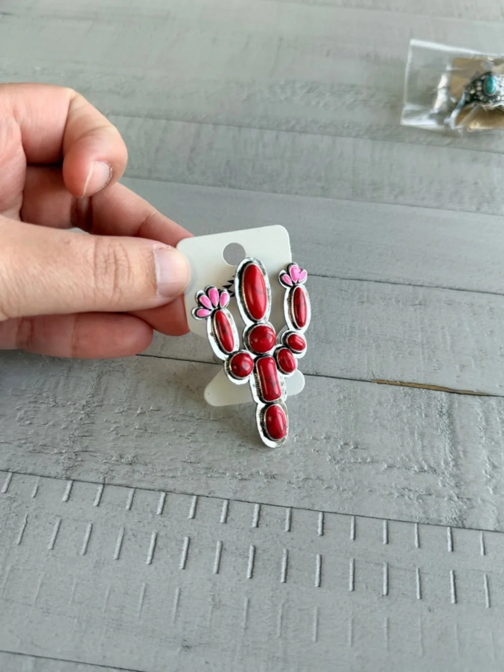 Western Red Cactus Statement Ring with Pink Flower Accents New